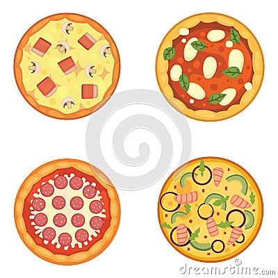 Thinly sliced pepperoni is a popular pizza. Italian cook and pizzas delivery. Vector Illustration