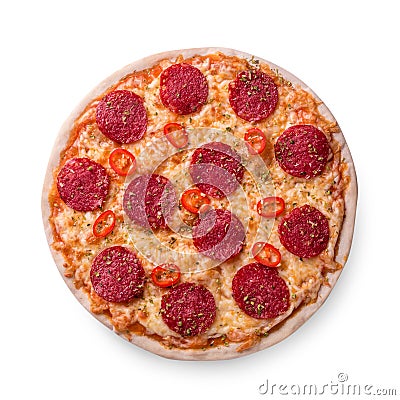 Thinly sliced pepperoni is a popular pizza topping in American-style pizzerias Stock Photo