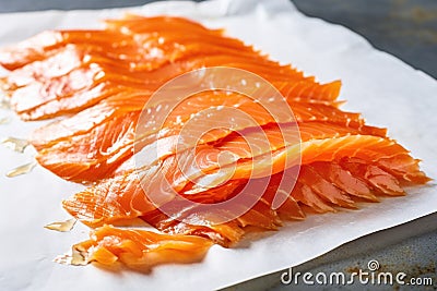 thinly sliced smoked salmon on parchment paper Stock Photo