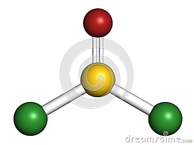 Thionyl chloride SOCl2 chemical reagent molecule. 3D rendering. Atoms are represented as spheres with conventional color coding. Stock Photo