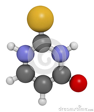 Thiouracil drug molecule. Obsolete drug molecule, previously used in the treatment of Graves\' disease. 3D rendering. Atoms are Stock Photo