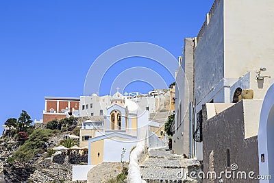 Thira town with St. Stylianos church during daytime in Santorini, Greece Editorial Stock Photo