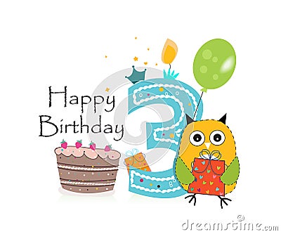 Third birthday greeting card. Cute owl, balloon and birthday cake vector background Stock Photo