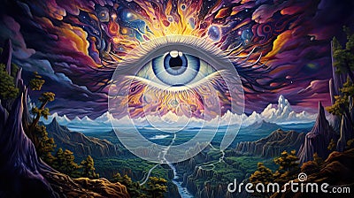 Third Eye looking over a green landscape with valley, mountains, and river. Psychedelic visions, meditation. Generative AI Stock Photo
