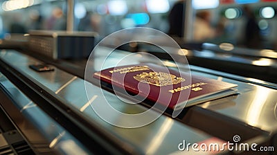 The third image focuses on a closeup view of a passport being scanned by a machine at the ID validation station. The Stock Photo