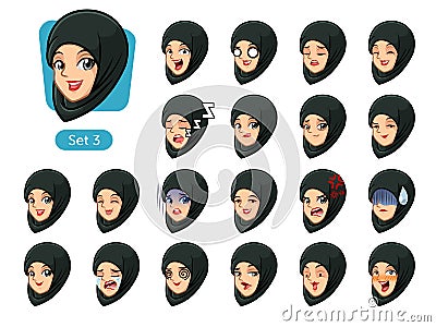 The third set of muslim woman in black hijab cartoon avatars Vector Illustration