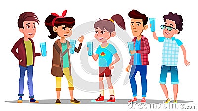 Thirsty Characters Children Drink Water Vector Vector Illustration