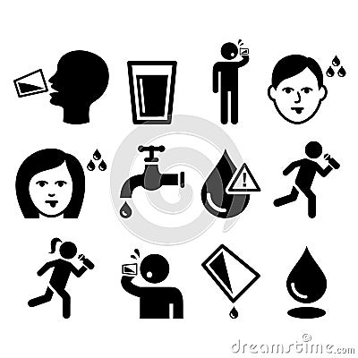 Thirsty man, dry mouth, thirst, people drinking water icons set Vector Illustration