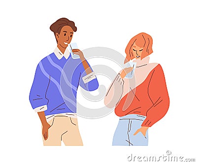 Thirsty people drinking clean fresh water. Couple of modern man and woman with glasses of pure aqua liquid, quenching Vector Illustration