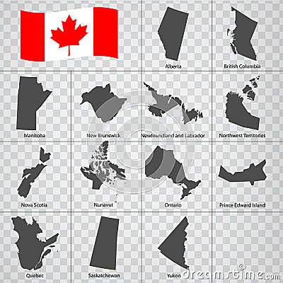 Thirteen Maps Provinces of Canada - alphabetical order with name. Every single map of Province are listed and isolated with word Vector Illustration