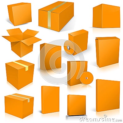 Thirteen Orange Shipping Box and Software Boxes for layouts and presentation design Stock Photo