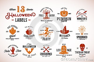 Thirteen Spooky Vintage Halloween Vector Badges, Labels or Logo Templates. Pumpkin, Ghost, Skull, Bones, Bats and Other Vector Illustration