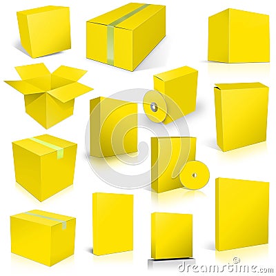 Thirteen Yellow Shipping Box and Software Boxes for layouts and presentation design Stock Photo