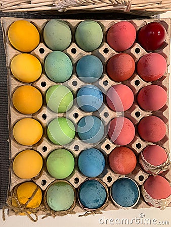 Thirty colorful Easter eggs. happy Easter. Stock Photo