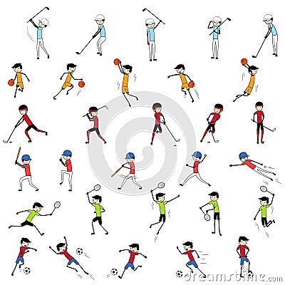 Thirty stick figures different poses from various sports Stock Photo