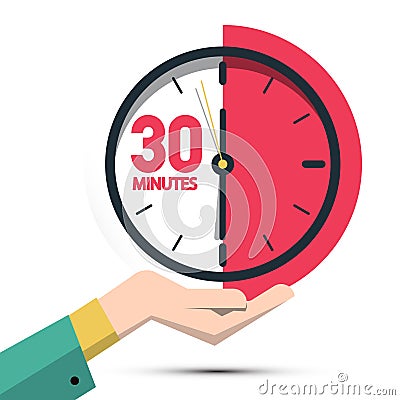 30 Thirty Minutes Clock in Hand Vector Illustration