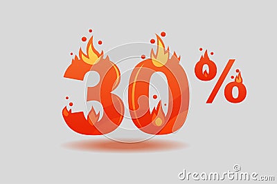Thirty percent discount, numbers on fire Vector Illustration