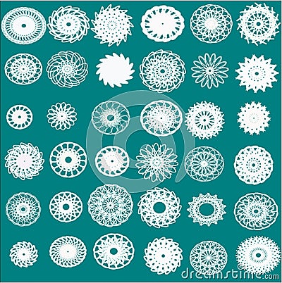 Thirty-six different white snowflakes, flowers and napkins on a bright green background Stock Photo