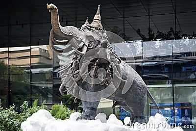 Thirty three headded Erawan elephant sculpture at Entrance of King Power Mahanakhon Editorial Stock Photo