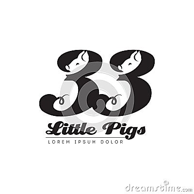 Thirty-three Little Pigs - Logo. Logotype with number 33, pig faces and perky tails Vector Illustration