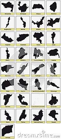 Thirtythree black maps of the Departments of Colombia Vector Illustration