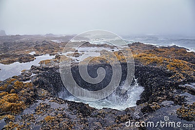 Thor`s Well Views Cape Perpetua on Oregon Coast Spouting Horn Captain Cook Trail. Yachats Stock Photo