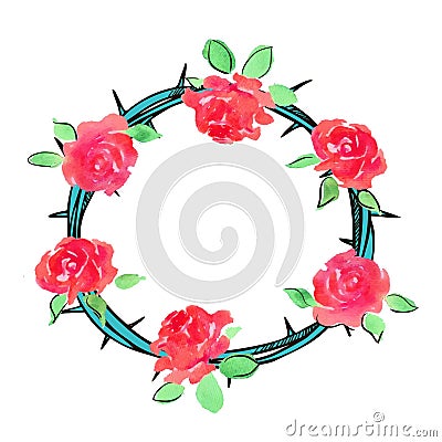 Thorns and roses engraving emblem. Stock Photo