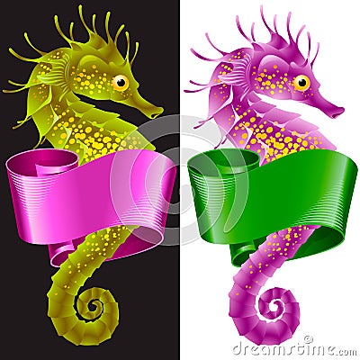 Thorny Seahorse is Wrapped in Swirl Ribbon Vector Illustration