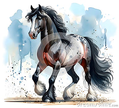 A thoroughbred horse is trotting. The mane and tail develop beautifully. Watercolor paint. Banner. Close-up. Generative Stock Photo