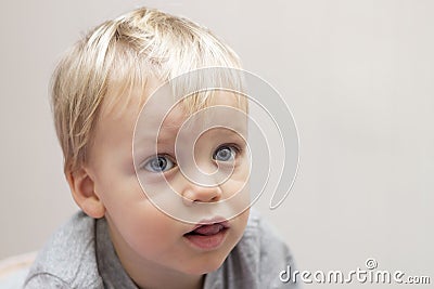 Thoughful big-eyed toddler looking away on grey background. Close-up. Copy space Stock Photo