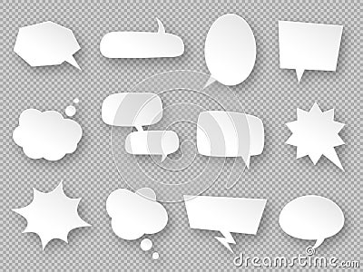 Thought balloons. Paper speech bubbles, white communication messages clouds, dream tag, discussion labels, blank dialog Vector Illustration