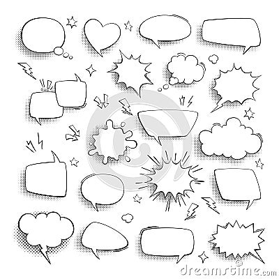 Thought bubble. Comic cartoon empty talk and speech balloons or clouds for fun discussion message. Halftone dotted Vector Illustration