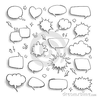 Thought bubble. Comic cartoon empty talk and speech balloons or clouds for fun discussion message. Halftone dotted background, Vector Illustration