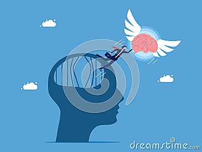 Thought freedom. The brain leads the businessman to escape from the brain prison Vector Illustration