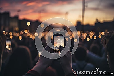 Digital Disconnect: Crowd Obsessed with Smartphones at Sunset Stock Photo