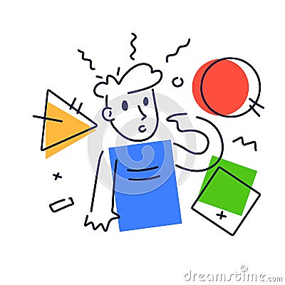 Thoughtful abstract character solves problem. Thoughts and geometric form. Man points with finger. Vector Illustration