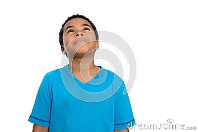 Thoughtful African American Boy Looking Up High Stock Photo