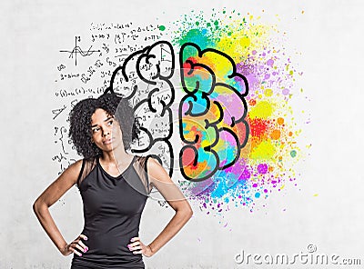 Thoughtful African American woman, brain sketch Stock Photo