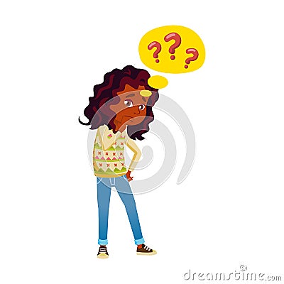 thoughtful african girl asking question cartoon vector Vector Illustration