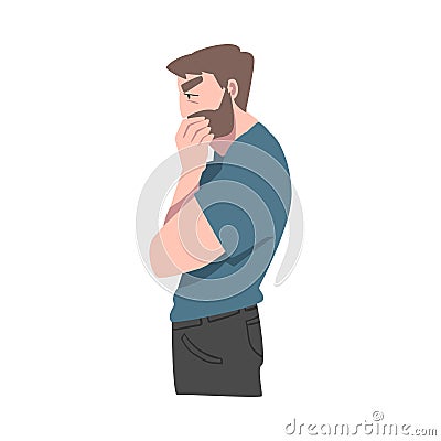 Thoughtful Bearded Man, Guy with Pensive Face Expression, Human Emotions and Feelings Concept Cartoon Vector Vector Illustration