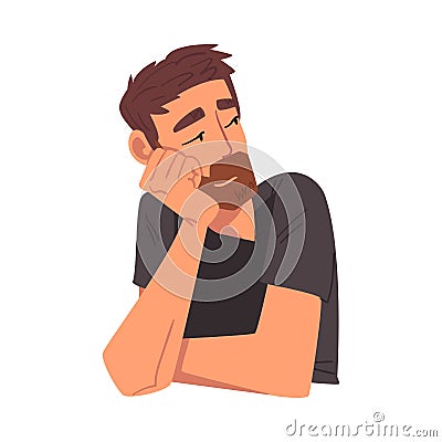 Thoughtful Bearded Man, Relaxed Guy Dreaming about Something, Person Sitting Supporting his Head by Hand Vector Vector Illustration