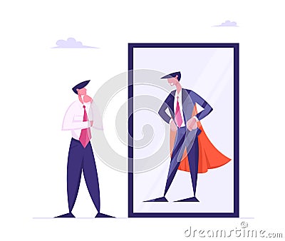 Thoughtful Business Man Look in Mirror on Reflection of Successful Leader in Super Hero Cape, Best Businessman Vector Illustration