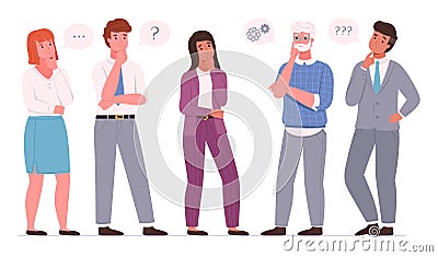 Thoughtful business people. Office employees team men and women thinking poses, resolving work issues, finding right Vector Illustration