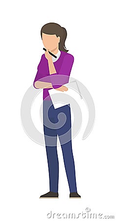 Thoughtful Business Woman Thinking Startup Project Vector Illustration