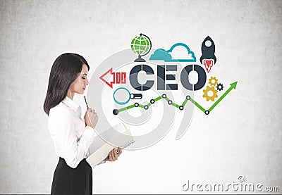 Thoughtful businesswoman with copybook, CEO Stock Photo