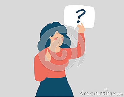 Thoughtful businesswoman thinks about something and holds a sign with a question mark. Women's empowerment, asking concept. Vector Illustration