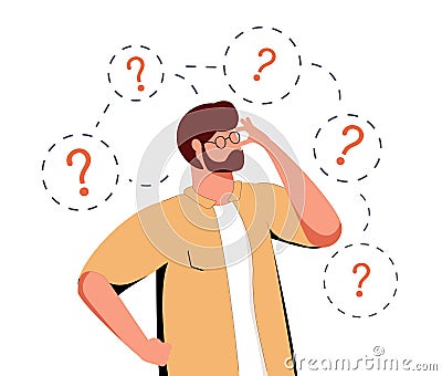 Thoughtful characters with question marks solving problems or searching solutions. Problem solving and choice. Smart man Vector Illustration