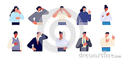 Thoughtful characters. Serious caucasian male, woman thinking portrait. Business person with seriously face, smart think Vector Illustration