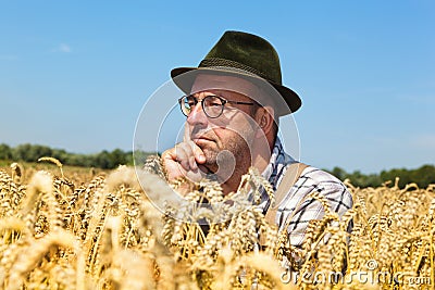 Thoughtful farmer in a corn field Stock Photo