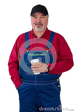 Thoughtful farmer or worker holding a coffee Stock Photo